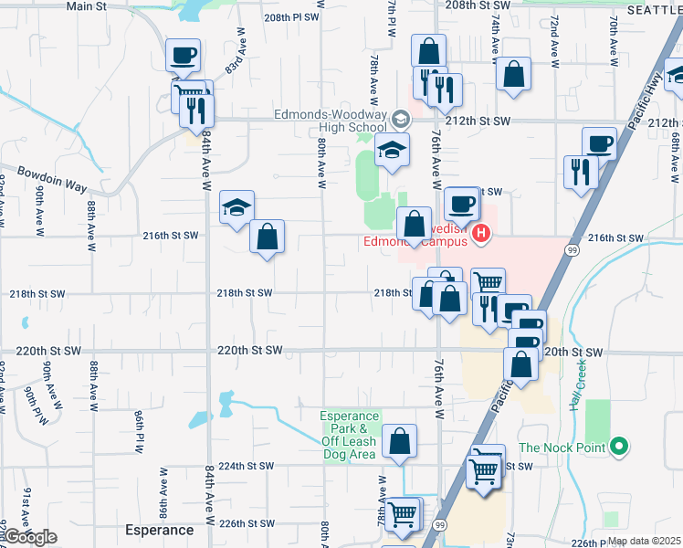 map of restaurants, bars, coffee shops, grocery stores, and more near 21713 80th Avenue West in Edmonds