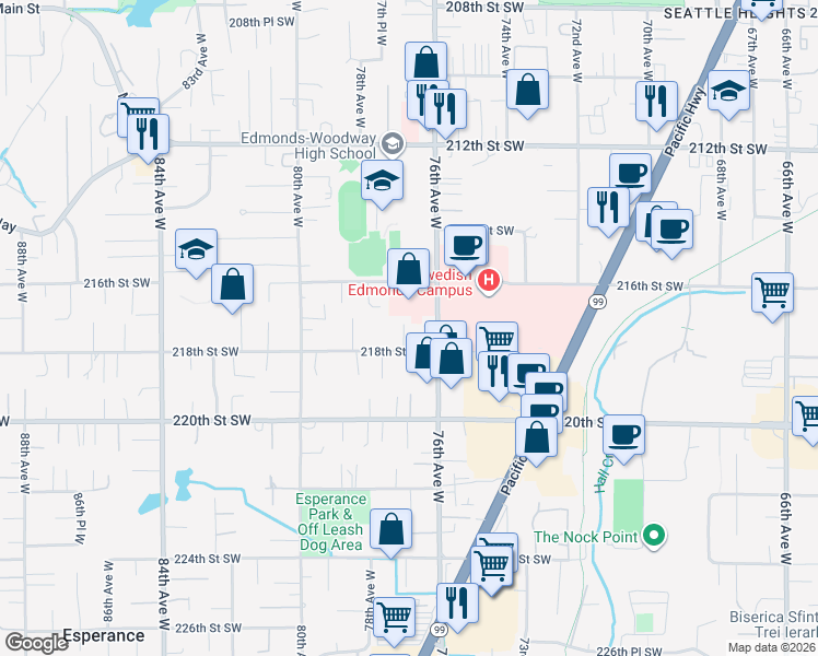 map of restaurants, bars, coffee shops, grocery stores, and more near 7631 218th Street Southwest in Edmonds
