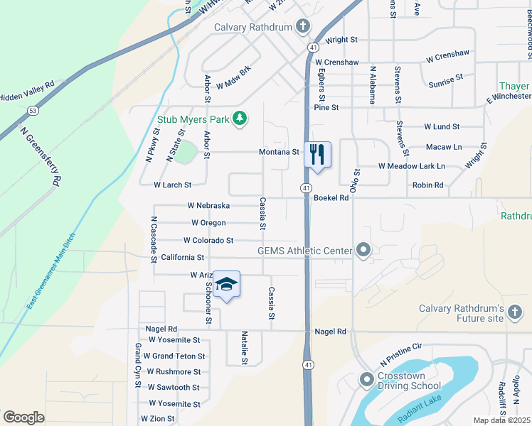 map of restaurants, bars, coffee shops, grocery stores, and more near 14360 Cassia Street in Rathdrum