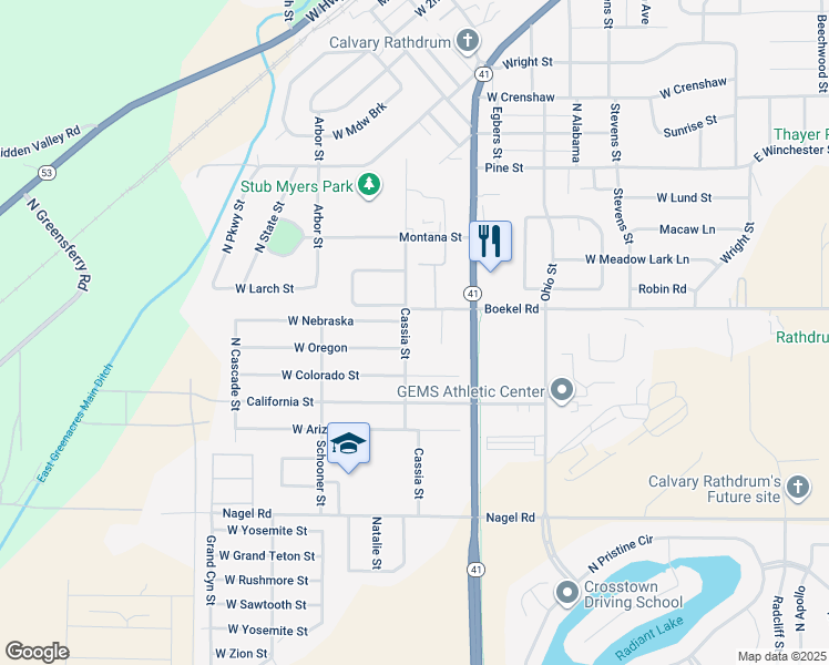 map of restaurants, bars, coffee shops, grocery stores, and more near 14360 Cassia Street in Rathdrum