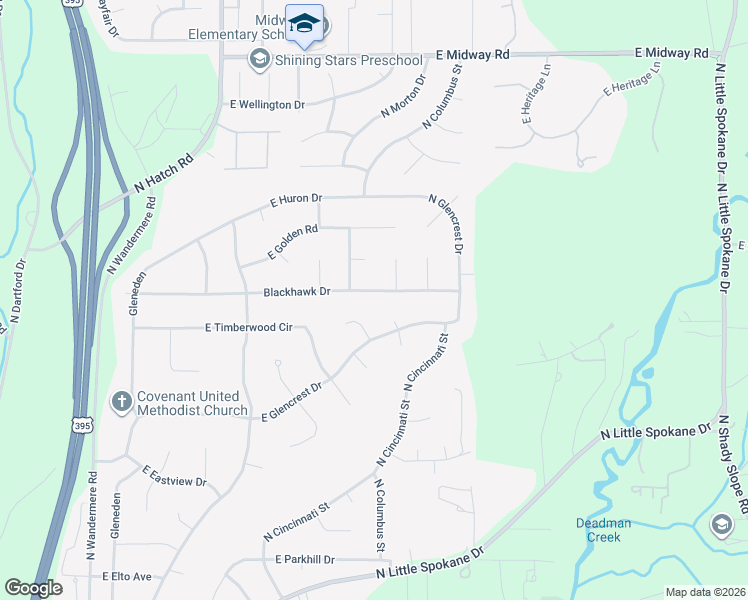 map of restaurants, bars, coffee shops, grocery stores, and more near 1026 Blackhawk Drive in Spokane