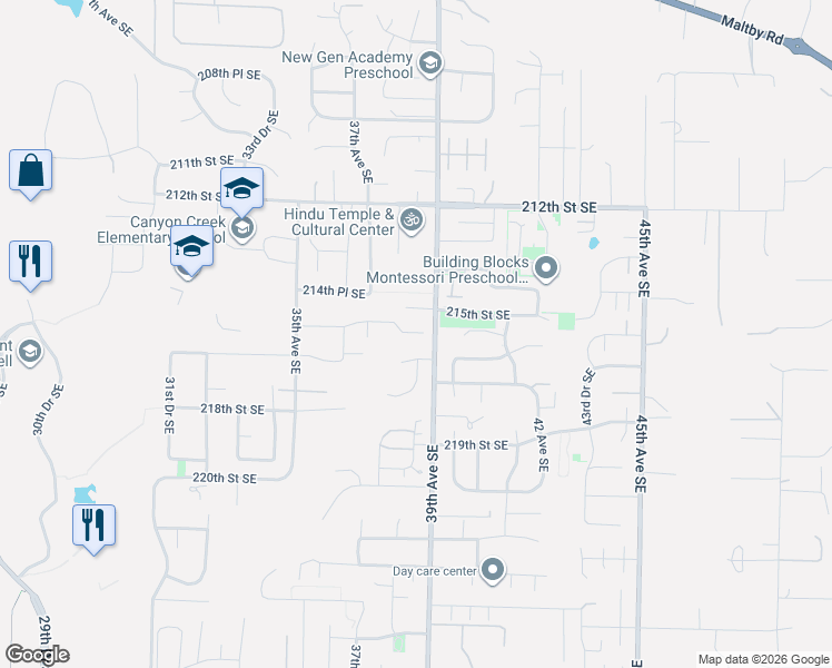 map of restaurants, bars, coffee shops, grocery stores, and more near 3727 215th Place Southeast in Bothell
