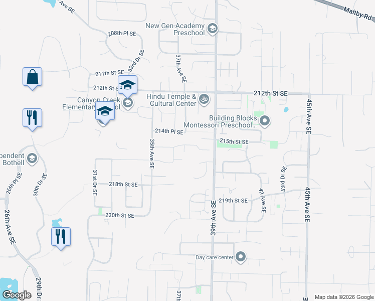 map of restaurants, bars, coffee shops, grocery stores, and more near 3714 215th Place Southeast in Bothell