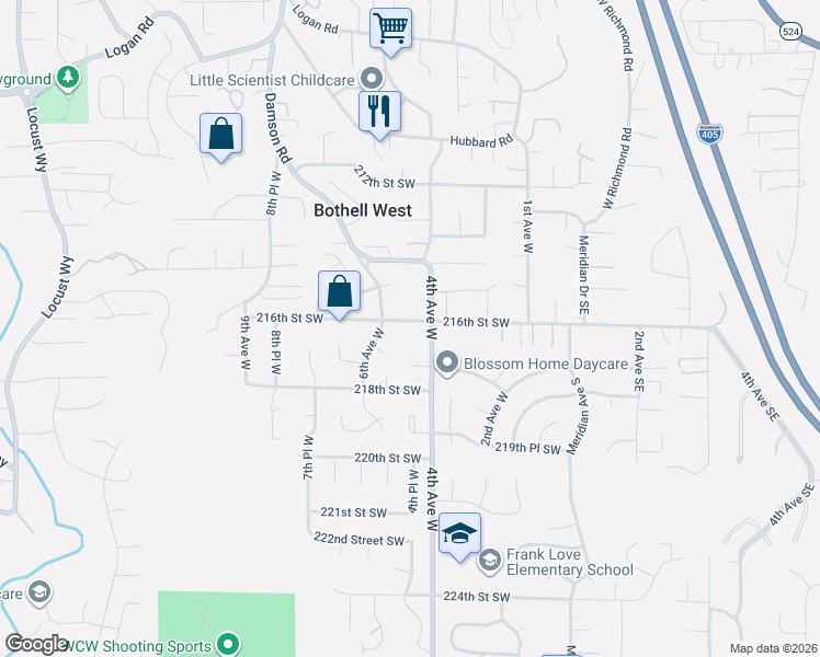 map of restaurants, bars, coffee shops, grocery stores, and more near 422 216th Street Southwest in Bothell
