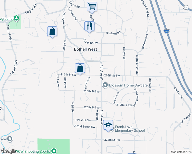map of restaurants, bars, coffee shops, grocery stores, and more near 422 216th Street Southwest in Bothell