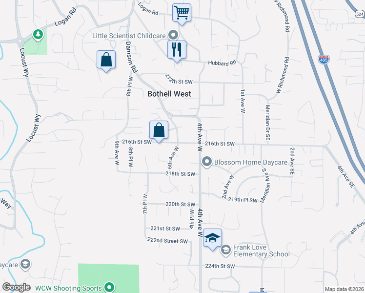 map of restaurants, bars, coffee shops, grocery stores, and more near 422 216th Street Southwest in Bothell