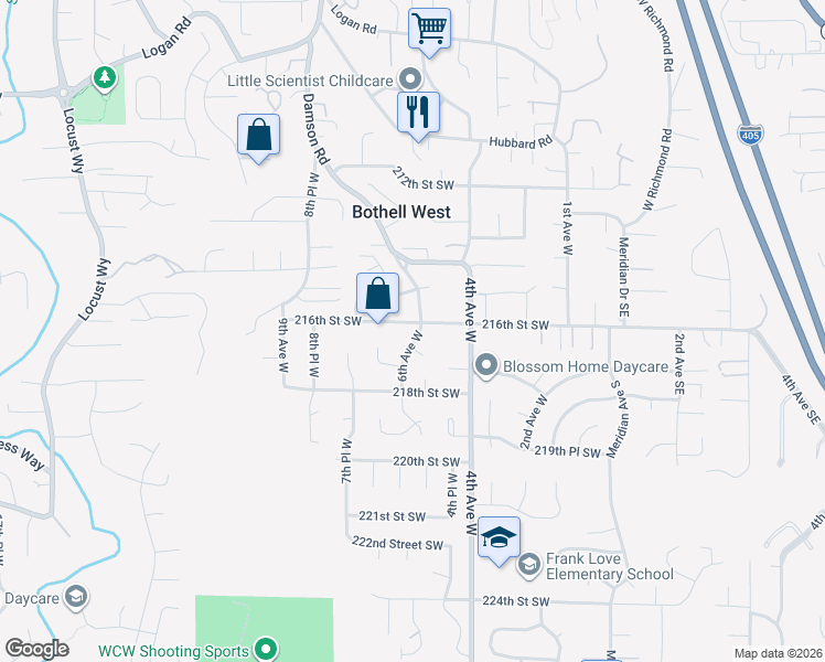 map of restaurants, bars, coffee shops, grocery stores, and more near 604 216th Street Southwest in Bothell