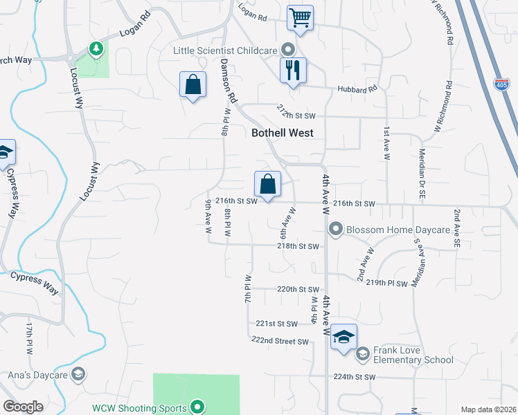 map of restaurants, bars, coffee shops, grocery stores, and more near 632 216th Street Southwest in Bothell