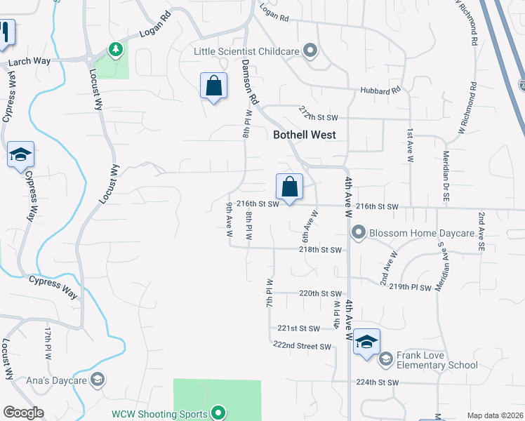 map of restaurants, bars, coffee shops, grocery stores, and more near 802 216th Street Southwest in Bothell