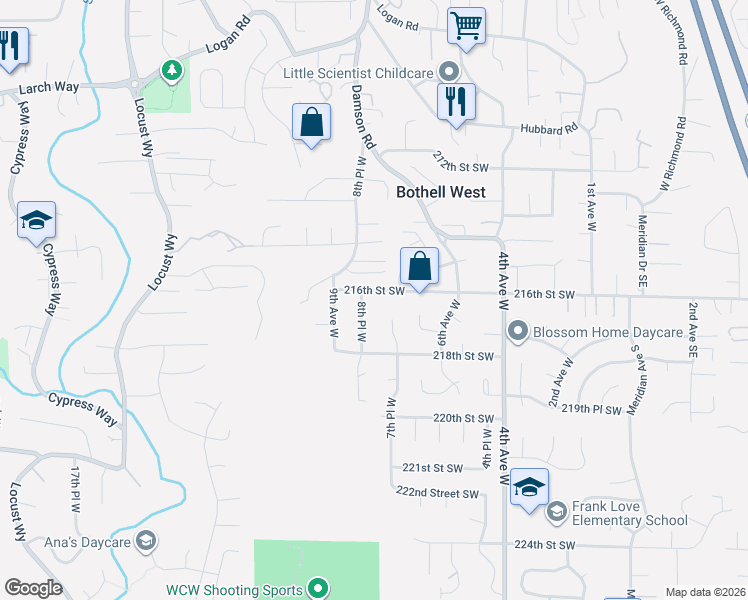 map of restaurants, bars, coffee shops, grocery stores, and more near 802 216th Street Southwest in Bothell
