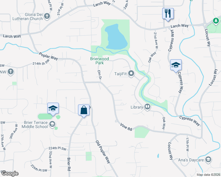 map of restaurants, bars, coffee shops, grocery stores, and more near 2524 216th Place Southwest in Brier