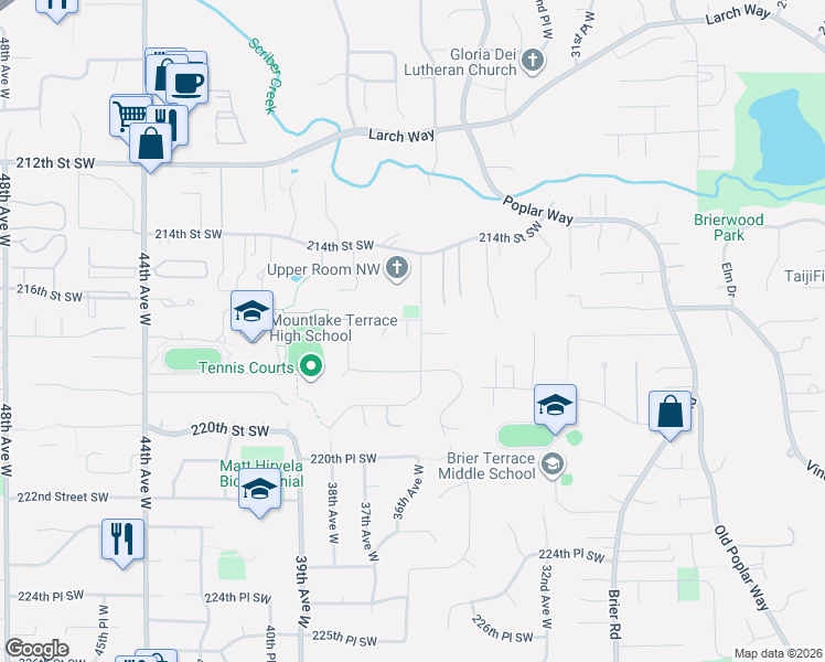 map of restaurants, bars, coffee shops, grocery stores, and more near 3504 217th Place Southwest in Brier