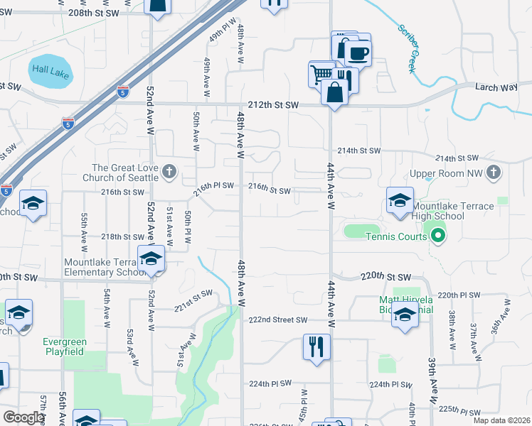 map of restaurants, bars, coffee shops, grocery stores, and more near 21607 47th Place West in Mountlake Terrace