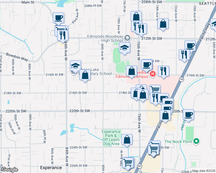 map of restaurants, bars, coffee shops, grocery stores, and more near 21713 80th Avenue West in Edmonds