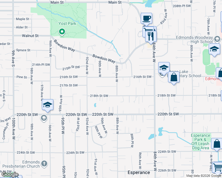 map of restaurants, bars, coffee shops, grocery stores, and more near 8916 217th Street Southwest in Edmonds