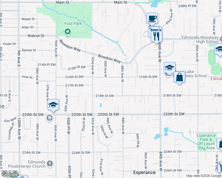 map of restaurants, bars, coffee shops, grocery stores, and more near 8916 217th Street Southwest in Edmonds