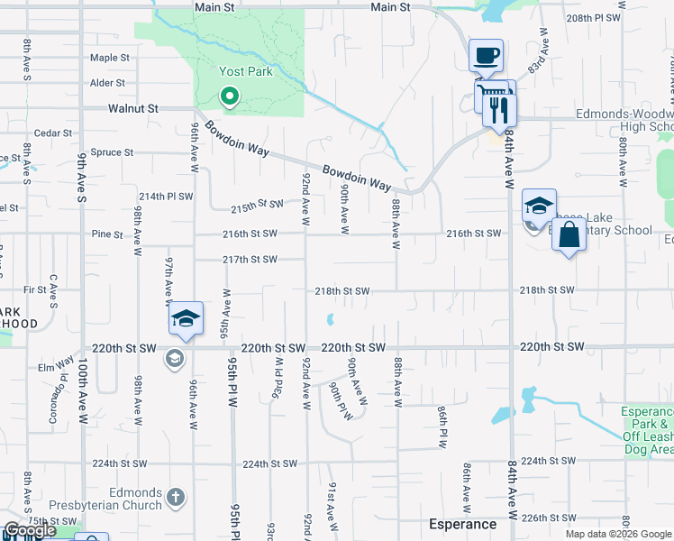 map of restaurants, bars, coffee shops, grocery stores, and more near 9024 217th Street Southwest in Edmonds