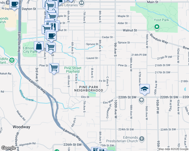 map of restaurants, bars, coffee shops, grocery stores, and more near 1040 8th Avenue South in Edmonds