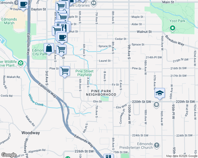 map of restaurants, bars, coffee shops, grocery stores, and more near 1048 B Avenue South in Edmonds
