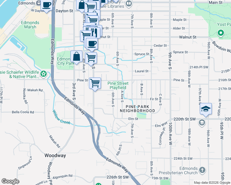 map of restaurants, bars, coffee shops, grocery stores, and more near 1039 6th Avenue South in Edmonds