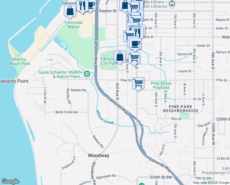 map of restaurants, bars, coffee shops, grocery stores, and more near 1042 3rd Avenue South in Edmonds