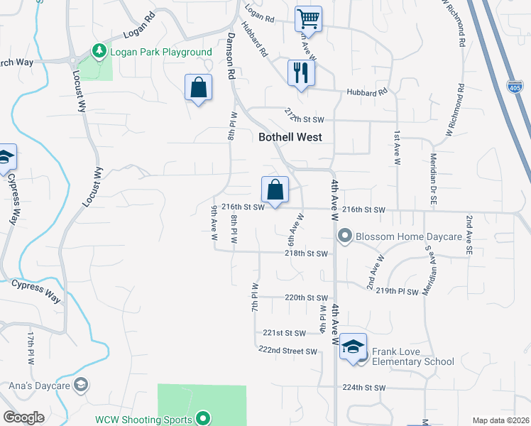 map of restaurants, bars, coffee shops, grocery stores, and more near 632 216th Street Southwest in Bothell