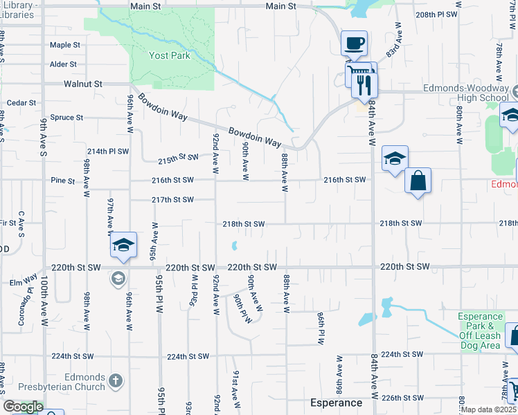 map of restaurants, bars, coffee shops, grocery stores, and more near 8916 217th Street Southwest in Edmonds
