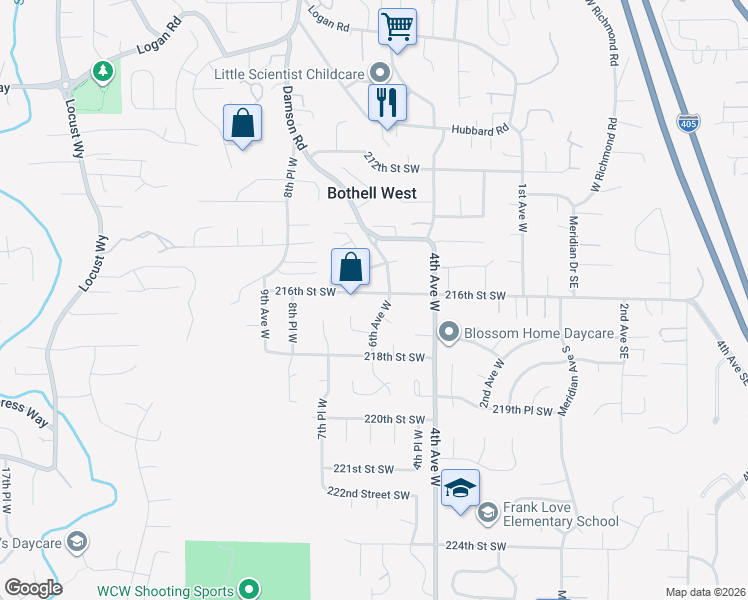 map of restaurants, bars, coffee shops, grocery stores, and more near 604 216th Street Southwest in Bothell