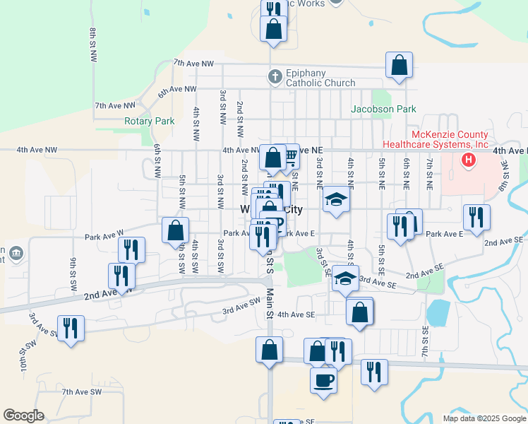 map of restaurants, bars, coffee shops, grocery stores, and more near 145 Main Street South in Watford City