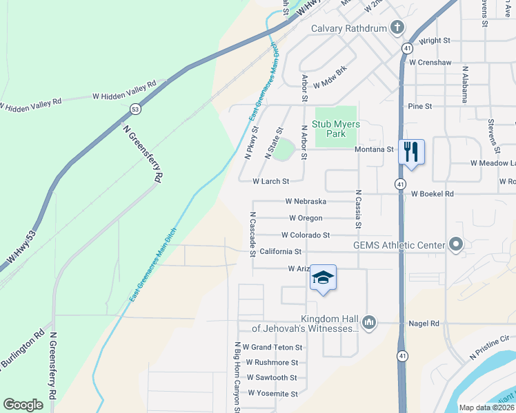 map of restaurants, bars, coffee shops, grocery stores, and more near 8641 Oregon Street in Rathdrum