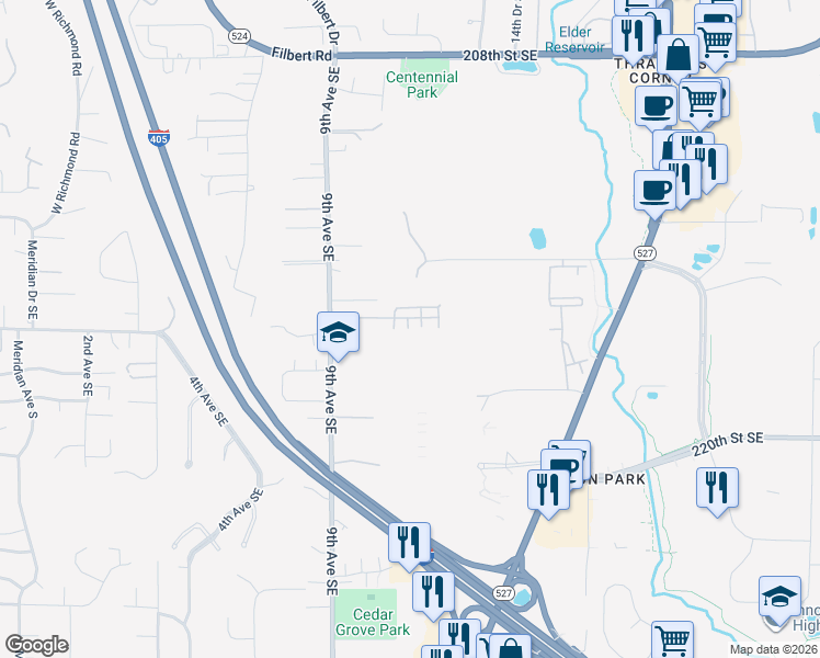 map of restaurants, bars, coffee shops, grocery stores, and more near 21621 11th Drive Southeast in Bothell