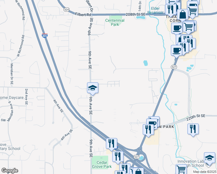 map of restaurants, bars, coffee shops, grocery stores, and more near 21617 10th Drive Southeast in Bothell