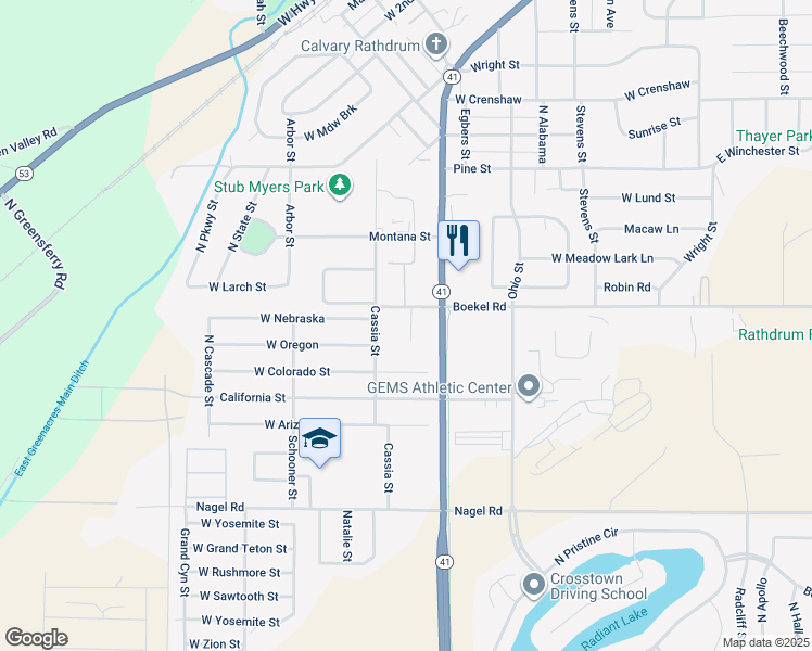 map of restaurants, bars, coffee shops, grocery stores, and more near 14375 North Rockwood Court in Rathdrum