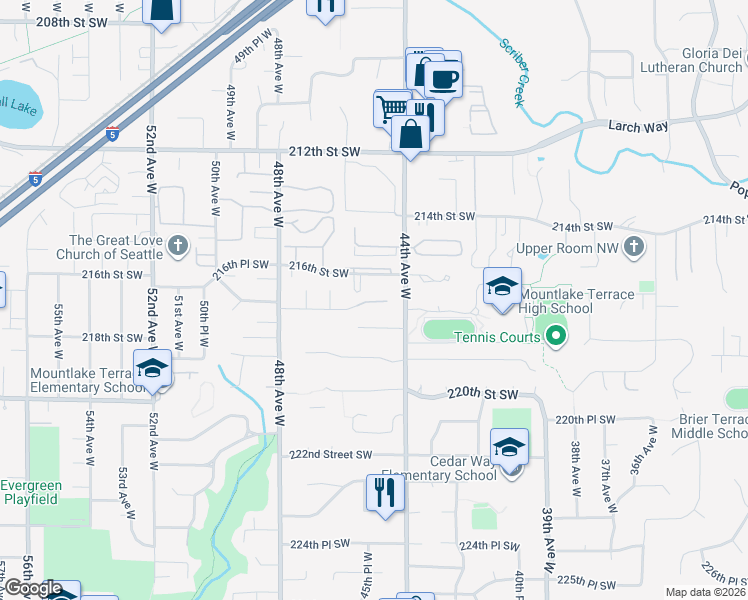 map of restaurants, bars, coffee shops, grocery stores, and more near 4502 217th Street Southwest in Mountlake Terrace