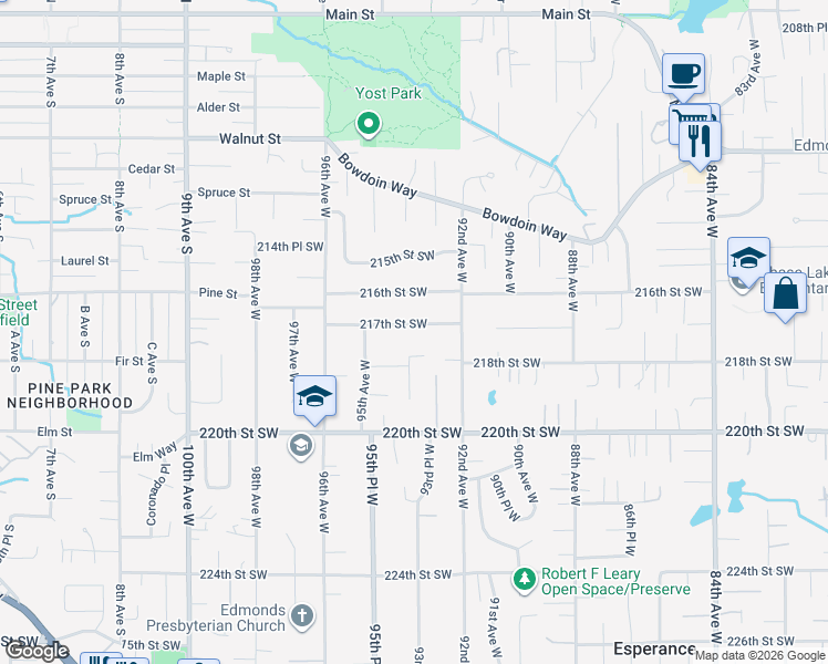 map of restaurants, bars, coffee shops, grocery stores, and more near 9312 217th Street Southwest in Edmonds