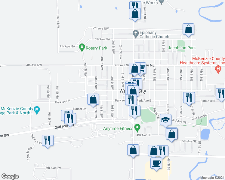 map of restaurants, bars, coffee shops, grocery stores, and more near 2nd Avenue North West in Watford City
