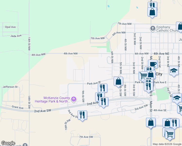 map of restaurants, bars, coffee shops, grocery stores, and more near 204 8th Street Northwest in Watford City