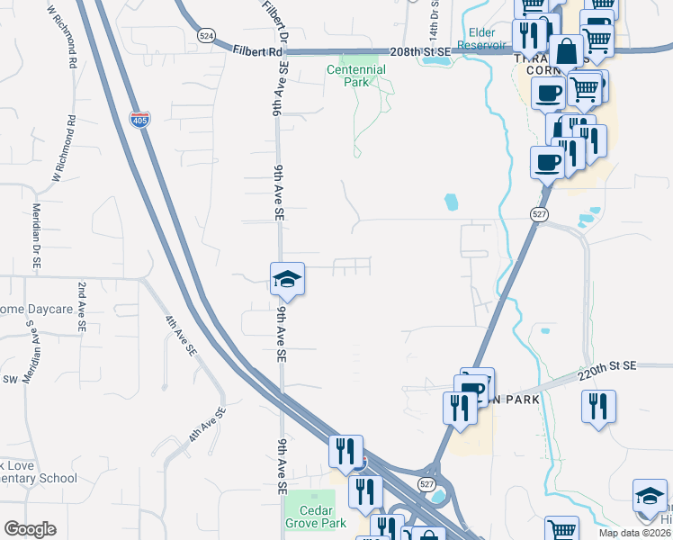 map of restaurants, bars, coffee shops, grocery stores, and more near 21617 10th Drive Southeast in Bothell