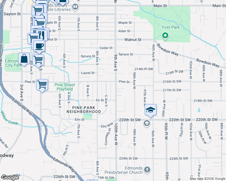 map of restaurants, bars, coffee shops, grocery stores, and more near 1048 9th Avenue South in Edmonds