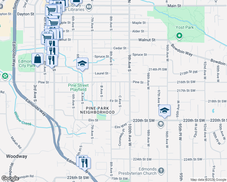 map of restaurants, bars, coffee shops, grocery stores, and more near 1044 C Avenue South in Edmonds