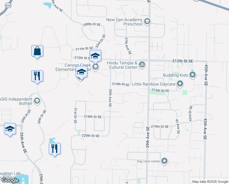map of restaurants, bars, coffee shops, grocery stores, and more near 3912 214th Place Southeast in Bothell