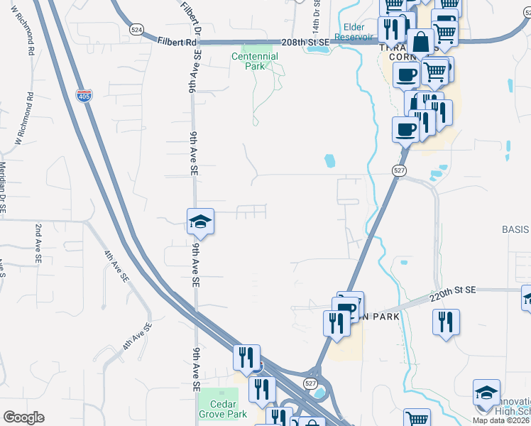 map of restaurants, bars, coffee shops, grocery stores, and more near 21621 11th Drive Southeast in Bothell