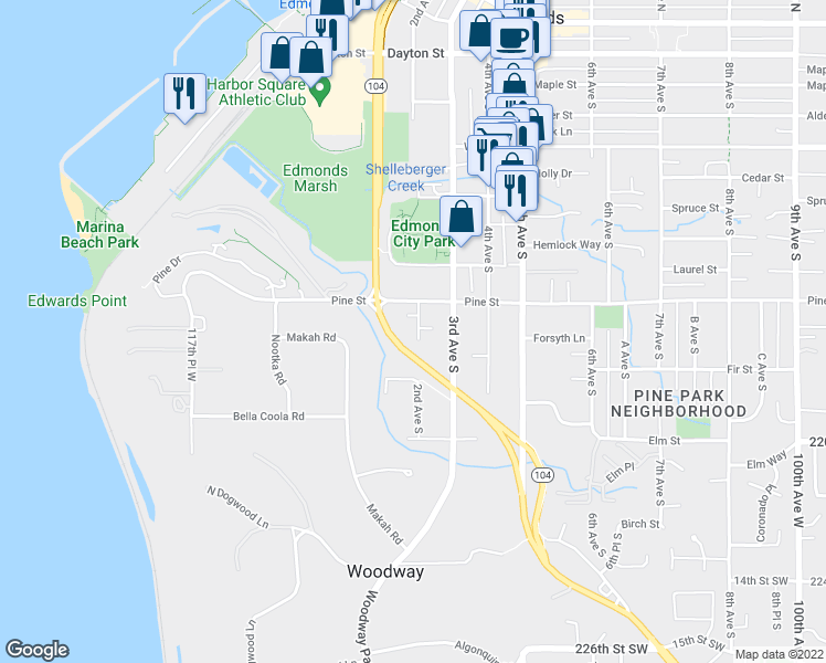map of restaurants, bars, coffee shops, grocery stores, and more near 1030 2nd Avenue South in Edmonds