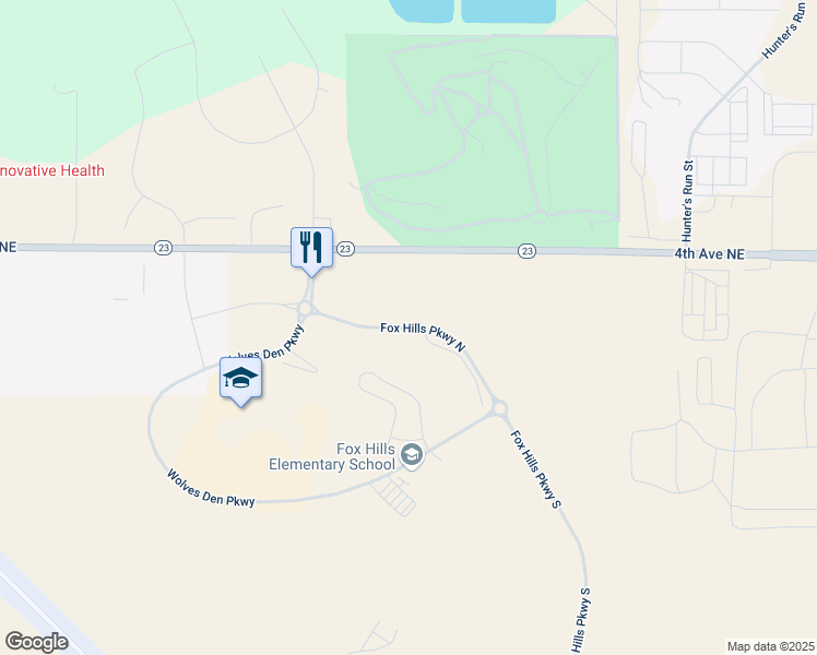 map of restaurants, bars, coffee shops, grocery stores, and more near Fox Hills Parkway North in McKenzie County