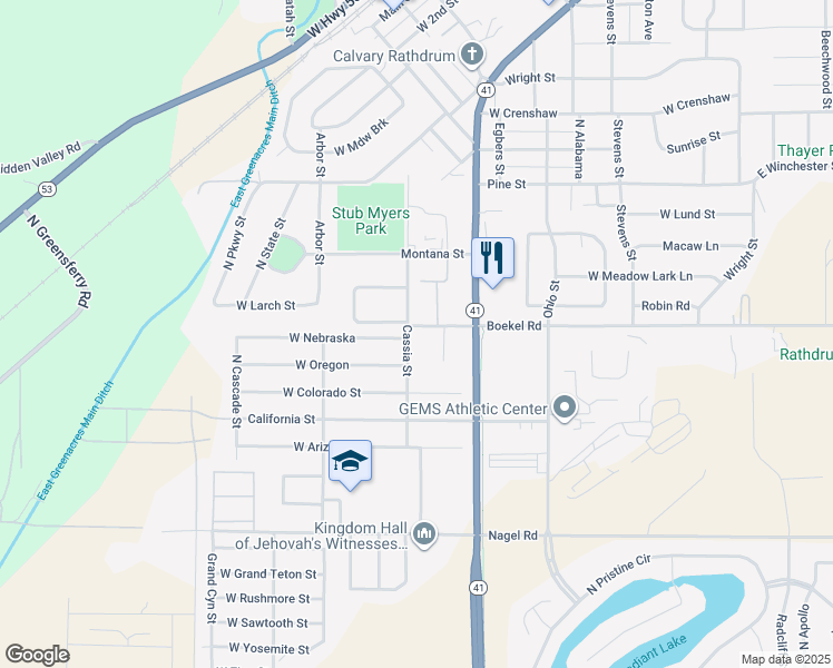 map of restaurants, bars, coffee shops, grocery stores, and more near 14360 Cassia Street in Rathdrum