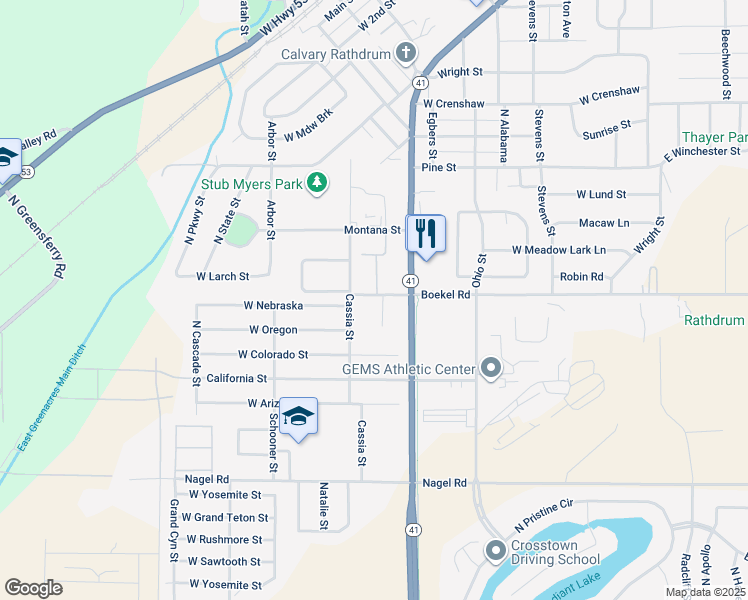 map of restaurants, bars, coffee shops, grocery stores, and more near 14375 North Rockwood Court in Rathdrum