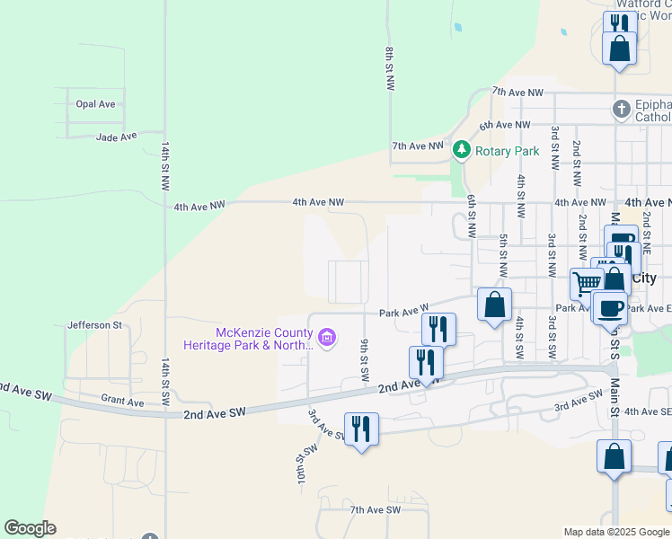 map of restaurants, bars, coffee shops, grocery stores, and more near 906 Park Avenue East in Watford City