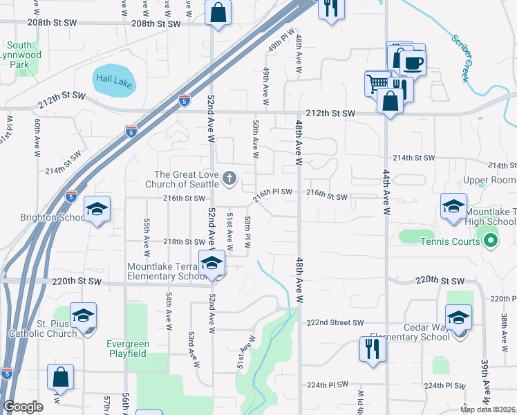map of restaurants, bars, coffee shops, grocery stores, and more near 21602 49th Place West in Mountlake Terrace