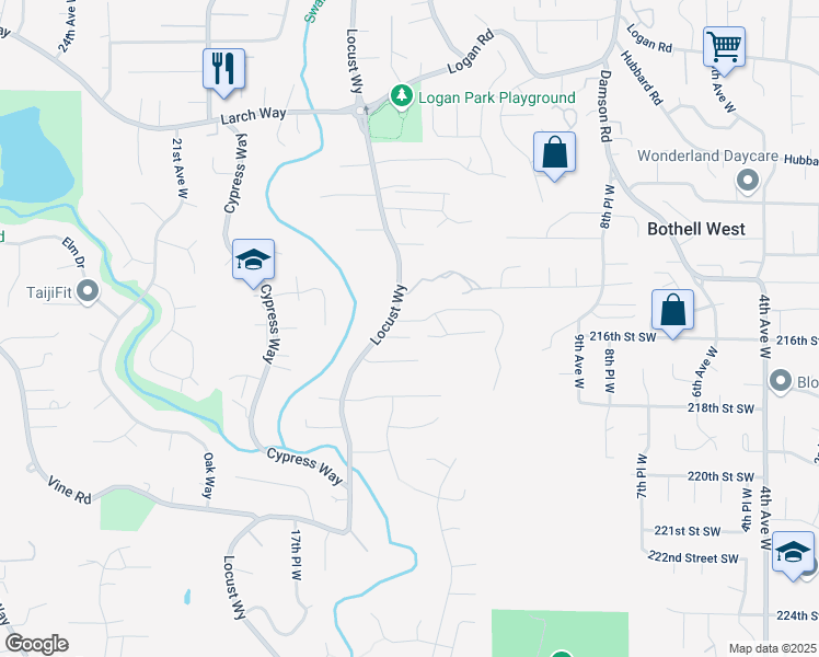 map of restaurants, bars, coffee shops, grocery stores, and more near 1410 215th Place Southwest in Lynnwood