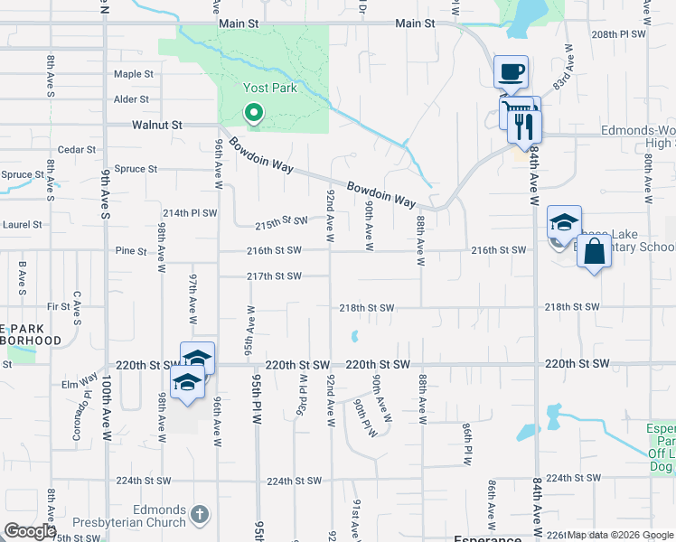 map of restaurants, bars, coffee shops, grocery stores, and more near 21714 92nd Avenue West in Edmonds